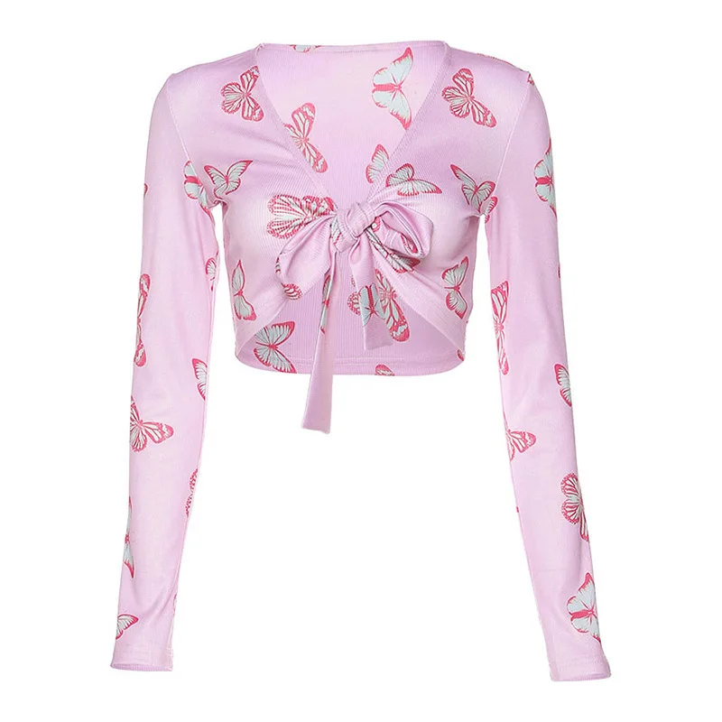

Butterfly Print Crop Top 2020 Women Sexy V-Neck Bow Knitting Full Sleeve Slim T-Shirt Summer Casual Streetwear Simple Tee Mujer
