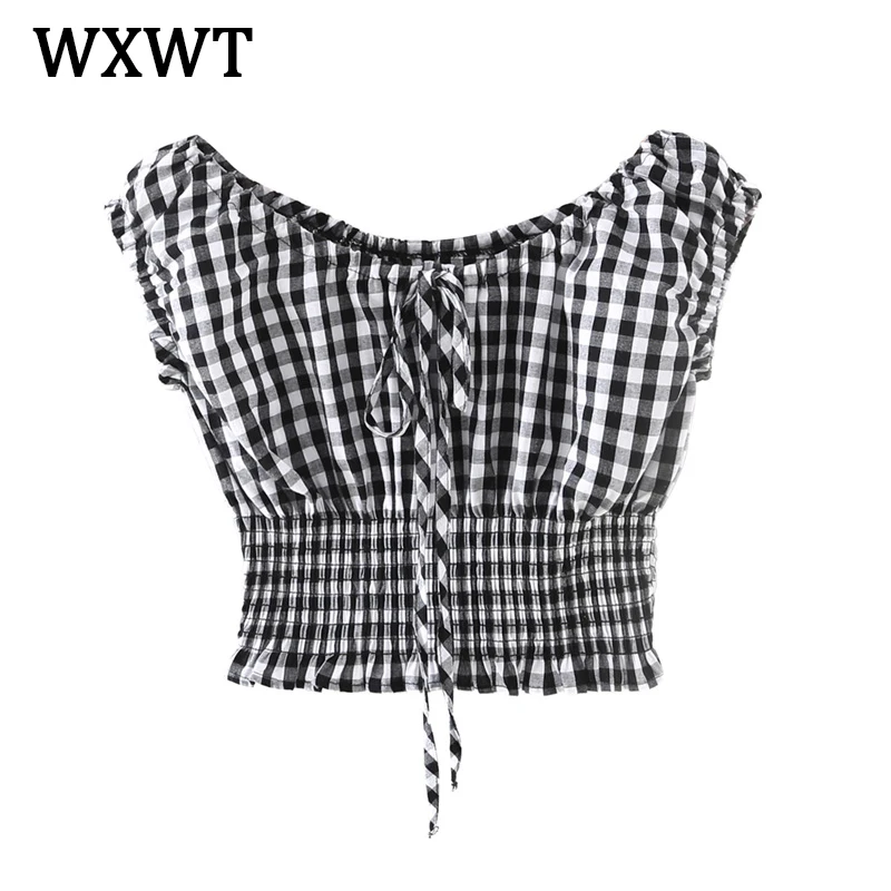 

WXWT 2021 Summer Women Black And White Grid Short Tops Sleeveless Shirring Ladies All-match Tops XZ21023