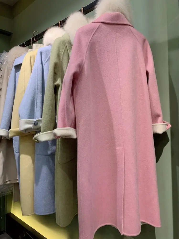 OFTBUY 2021 Real Fur Coat Winter Jacket Women Natural Fox Collar Cashmere Wool Blends x-Long Outerwear Streetwear Korea | Женская одежда