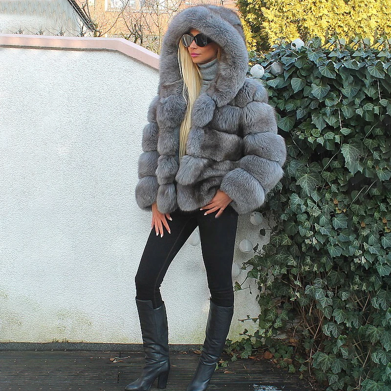 Fashion Whole Skin Genuine Fox Fur Jackets 2022 Luxury Women Natural Fox Fur Coat With Hood Winter Warm Short Fur Coat Dark Grey enlarge