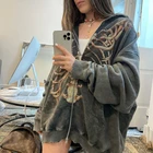 Куртка женская оверсайз в стиле 90-х, винтажная свободная Серая кофта с капюшоном и графическим принтом скелета в стиле Харадзюку, на молнии, Осень-зима