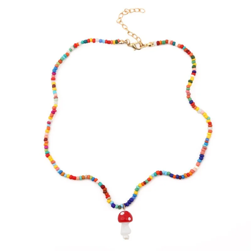 

New 2021 Handmade Rice Beads Cute Mushroom Charm Necklace Women Korean Woven Pendant Jewelry dropshipping