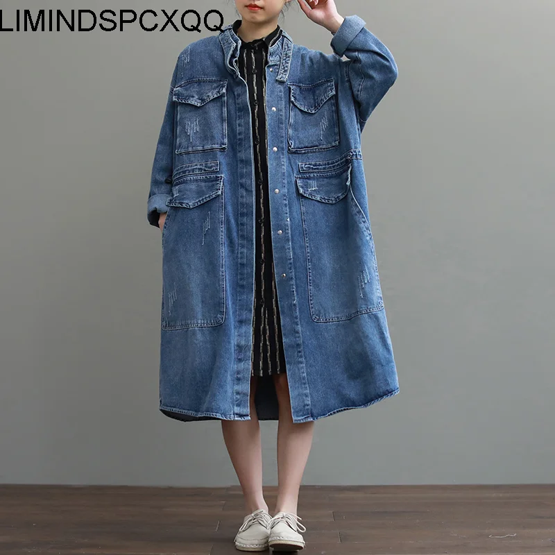 

Autumn Harajuku Ladies Korean Casual Denim Fashion Windbreaker Loose Jacket Stand-Up Collar Long Single-Breasted Pocket Clothes