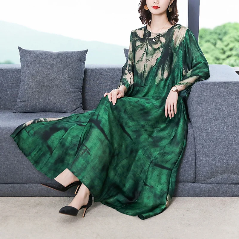 ZUOMAN 2021 Loose Casual Print Mulberry Silk Maxi Dress Spring Summer Vintage 4XL Plus Size Dress Elegant Women Bodycon Party Ve