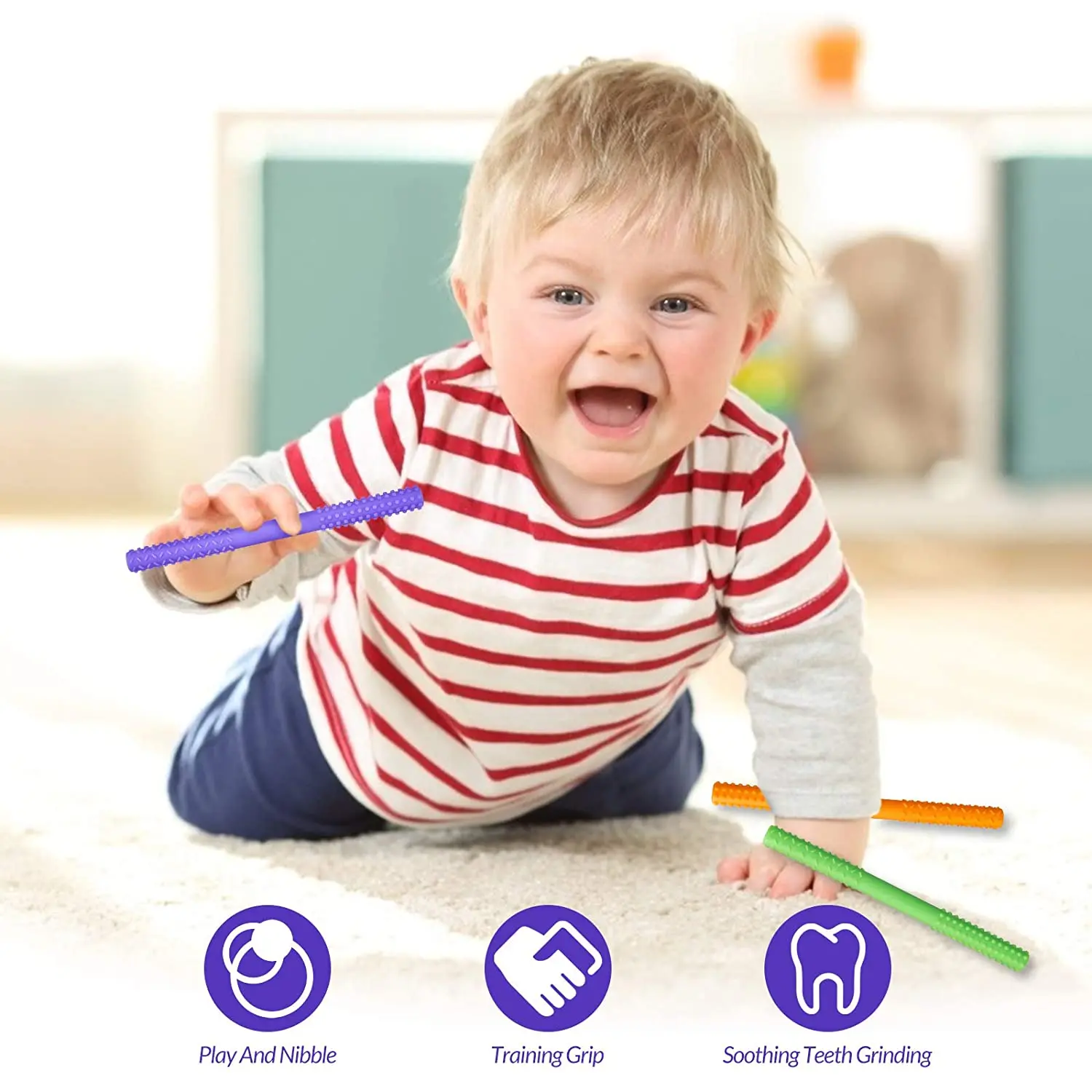 

ollow Teething Tubes, 5 Pack Teething Tubes, Teethers for Babies 6-12 Months, Soft Silicone Teether, Dishwasher Safe (6.8in)