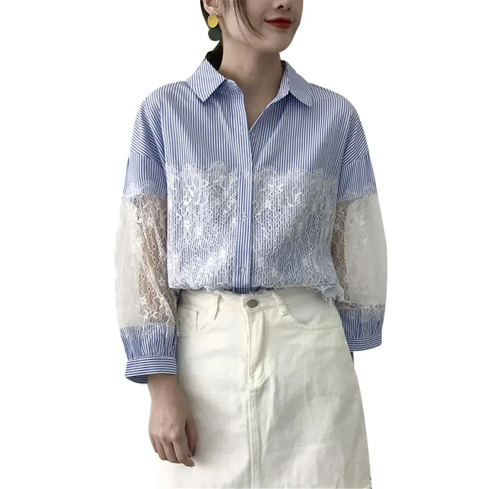 

2020 New Autumn Spring Lace Patchwork Elegant Striped Women's Shirt Female Blouse Tops Long Sleeve Turn-down Collar Blouses