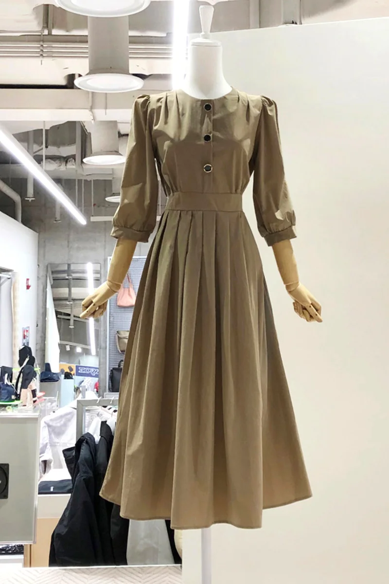 

2021 Summer Plus Size Dress for Women Round Neck Elegant 3/4 Sleeves Pleated Dress Female Fashion High Waist Long Dress