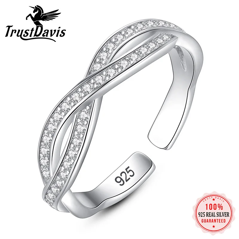 

TrustDavis Real 925 Sterling Silver Geometric Zircon Fashion Adjustable Open Ring Women Wedding Ladies Girls Jewelry Gift F198