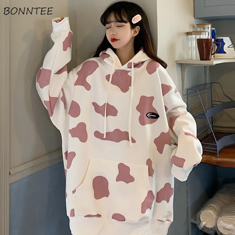 

Women with Hat Hoodies Japanese Style Tender Loose Plus Velvet Thicker Feminino Sweatshirts Student All-match Front Pocket Chic
