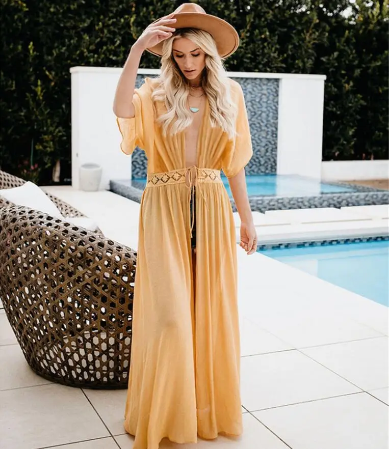 Yellow B Сексуальное пляжное платье, женское, черное, белое, кружевное, длинный купальник, купальник, накидка, женская вязаная туника, халат, Пляжная футболка - Цвет: Yellow B