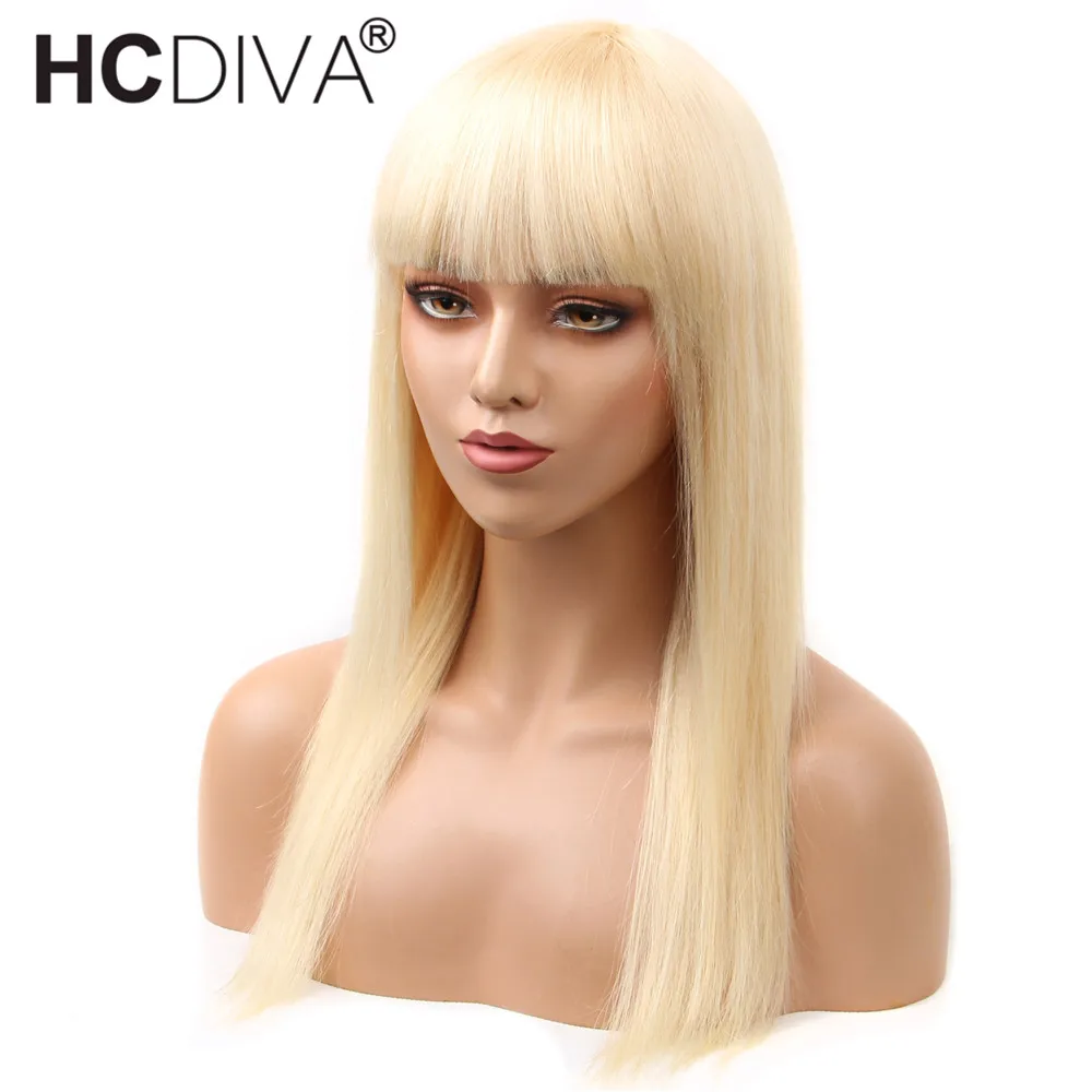 Парик из человеческих волос 613 блонд прямые волосы с челкой 150% предварительно