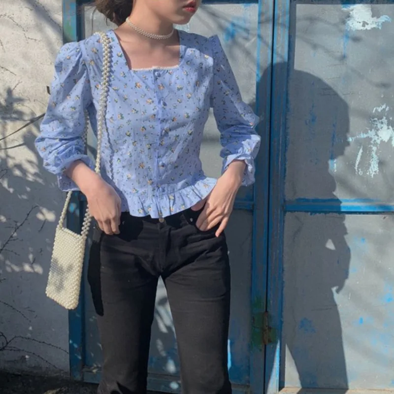 Женская винтажная блузка с цветочным принтом белая синяя квадратным воротником