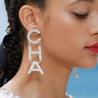 novelty alloy rhinestone cha letter dangle earrings for women ear jewelry crystal long tassel drop earrings wedding accessories