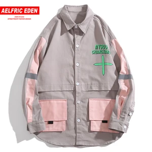 Мужские рубашки с буквенным принтом в стиле хип-хоп, Повседневная Уличная хлопковая верхняя одежда с длинными рукавами в стиле Харадзюку, 2019