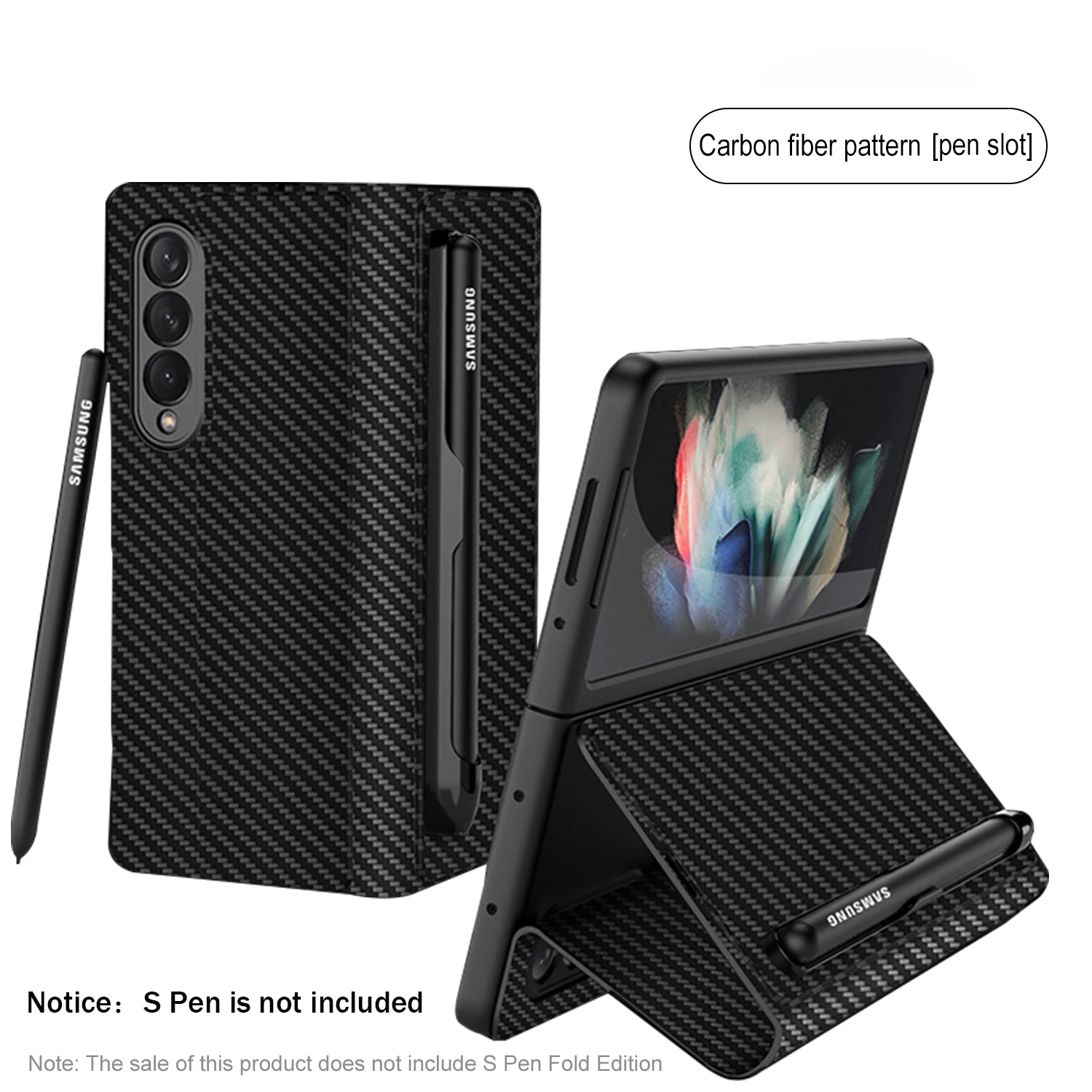 with pen holder phone case for samsung galaxy z fold 3 carbon fiber leather s pen slot protection cover z fold 3 5g flip case free global shipping