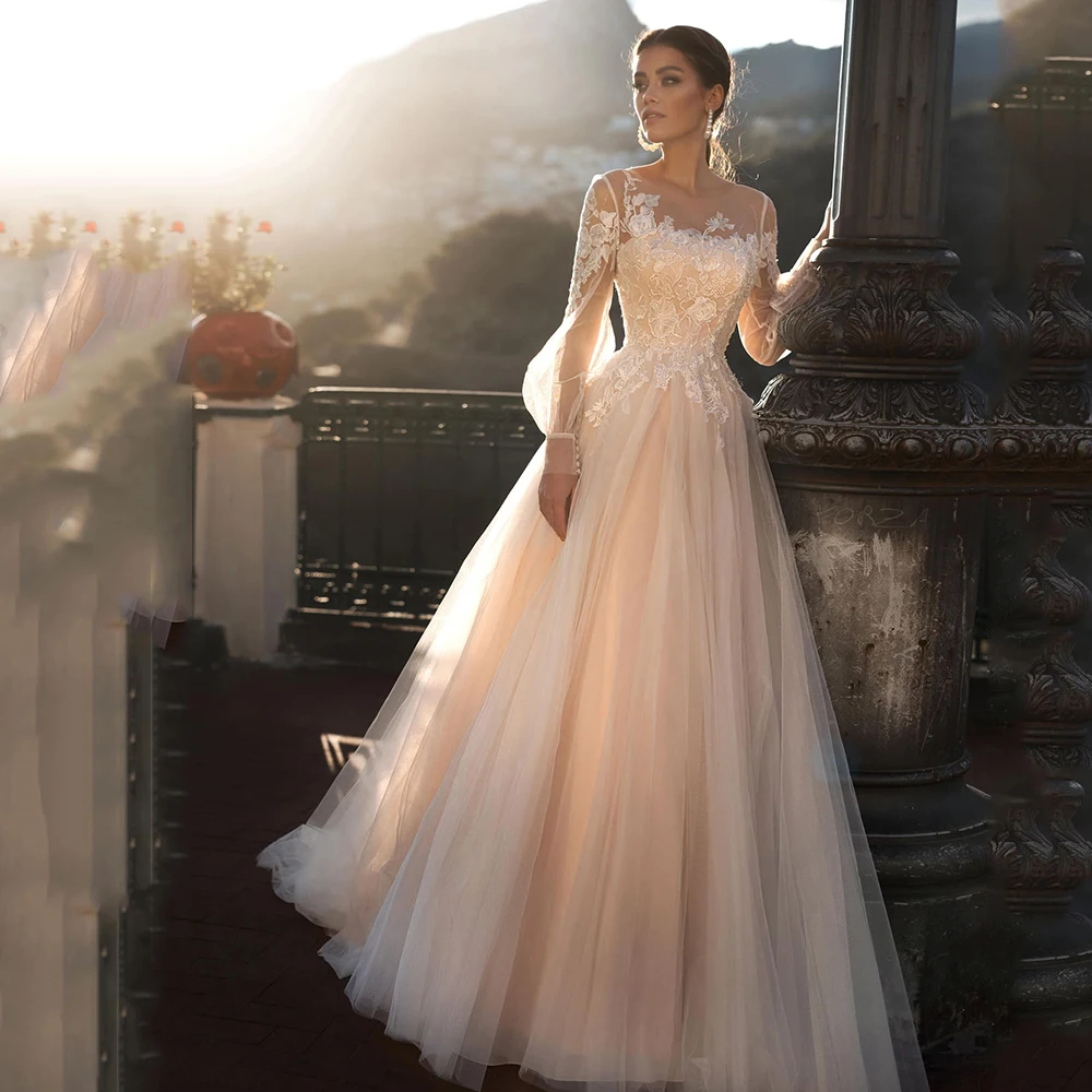

Elegant Princess Wedding Dress A-Line O-Neck Puff Sleeve Backless Lace Applique Sweep Train Bridal Gowns 2021 Vestido De Noiva
