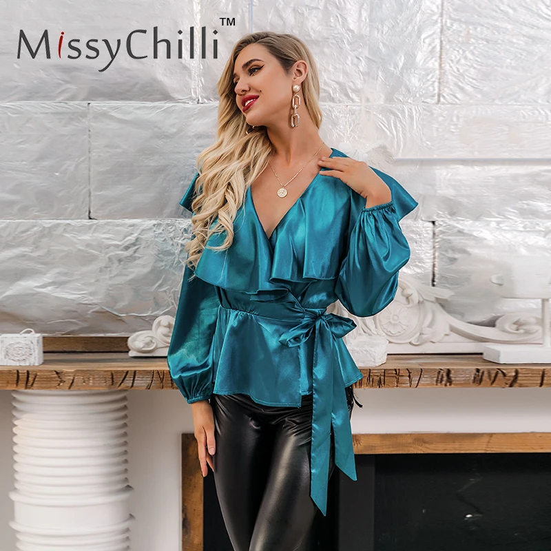 MissyChilli атласная синяя бандажная блузка с рюшами рубашка женская длинным рукавом