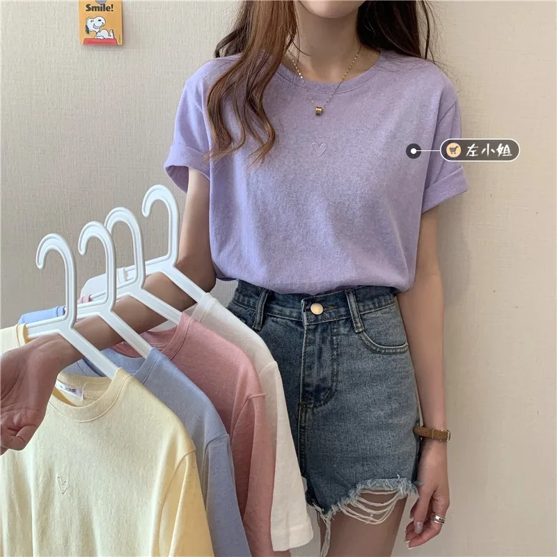 Однотонная футболка с коротким рукавом женская одежда Новинка 2021 свободная