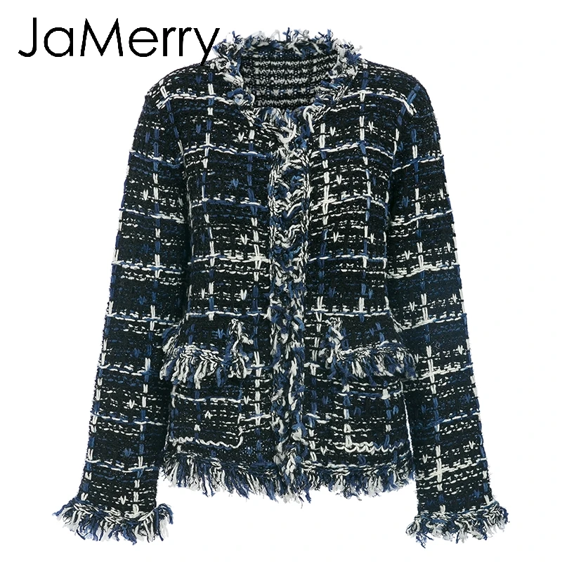 Тёмно-синий JaMerry Vintage winter plaid knitted women office cardigan coat Autumn female warm navy blend blazer Tassel jacket outwear mujer - Цвет: Тёмно-синий