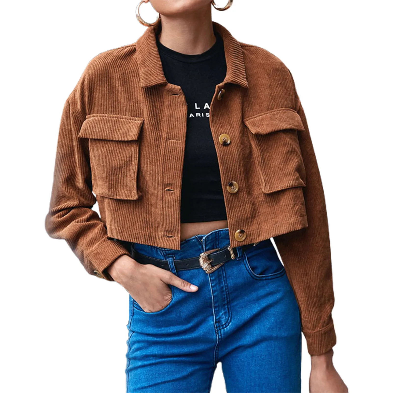 

Женская короткая куртка с отложным воротником, однотонная куртка с длинным рукавом и карманами для весны и осени