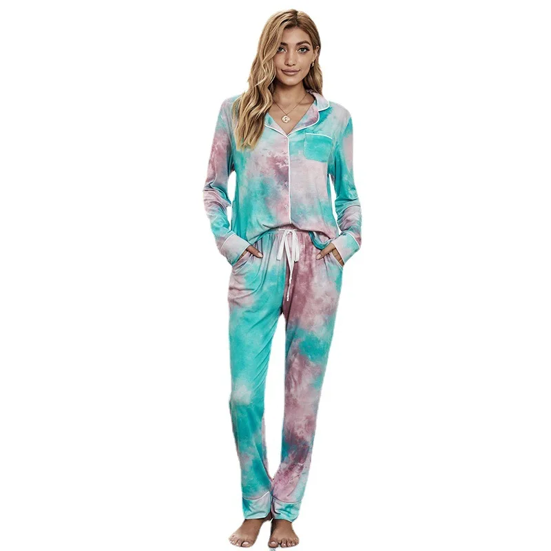 horswula Tie-dye Women's Pajamas Casual Knitted Sleepwear Long Sleeved Trouser Suits Winter Ladies Nightgown Home Clothes Set