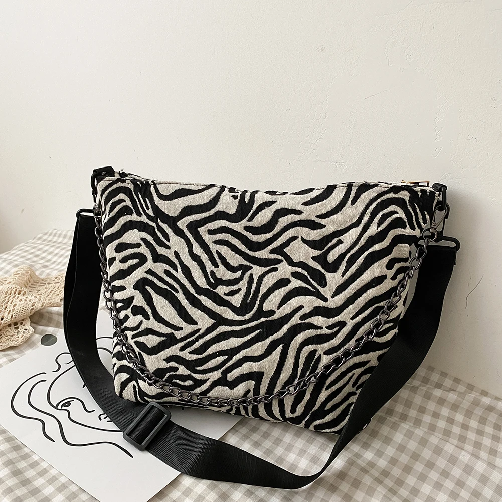 

Youth Ladies Simple Versatile Bag Zebra Pattern Canvas Messenger Bag Female Vintage Street Shopping Chain Handbag