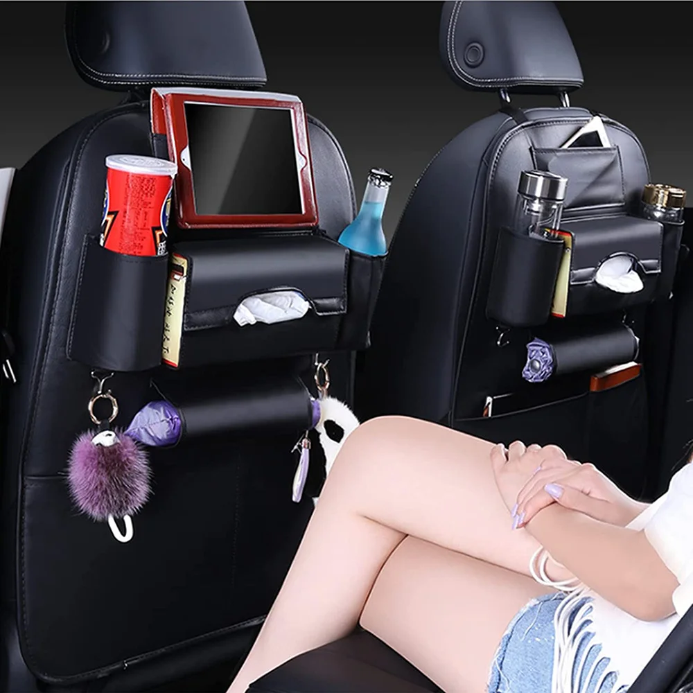 

PU Leather Car Seat Back Organizer Protector Cover With Storage Bag iPad Tablet Bottle Drink Napkin Holder Phone Umbrella Pocket