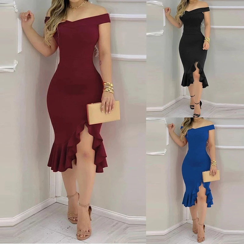 

Ladies Sexy Summer Black Red Wine Irregular Design Ruffled Neckline Off The Shoulders High Waist Slim Hip Dress