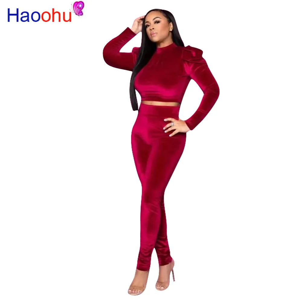 

HAOOHU Sexy Velvet 2 Two Piece Set Women Tracksuit Rave Festival Clothing Crop Top and Pants Matching Sweat Suits Club Outfits