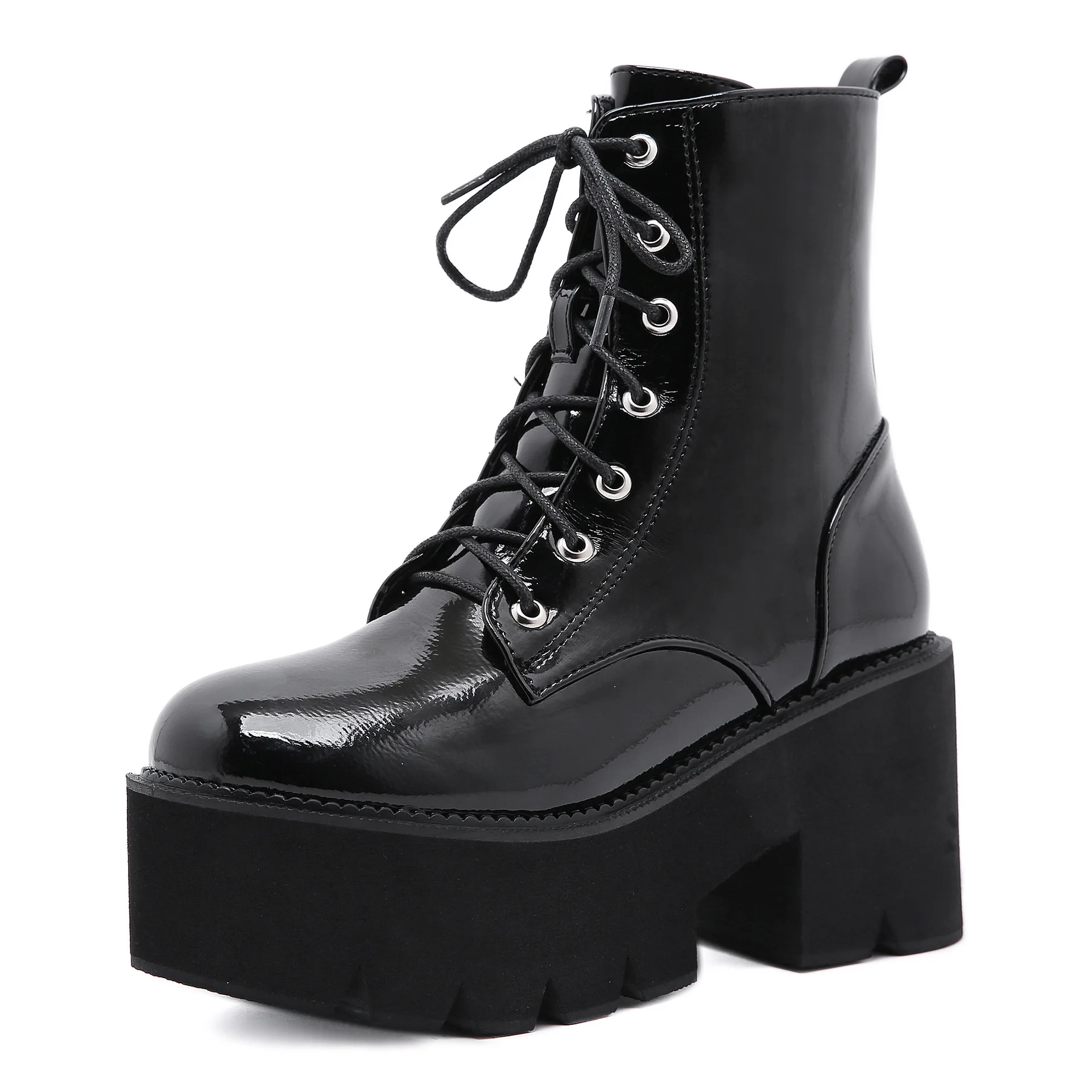 

2021Women Platform Ankle Boots Ladies Patent Leather Chunky Pump Female High Heels Women Shoes Zapatos De Mujer