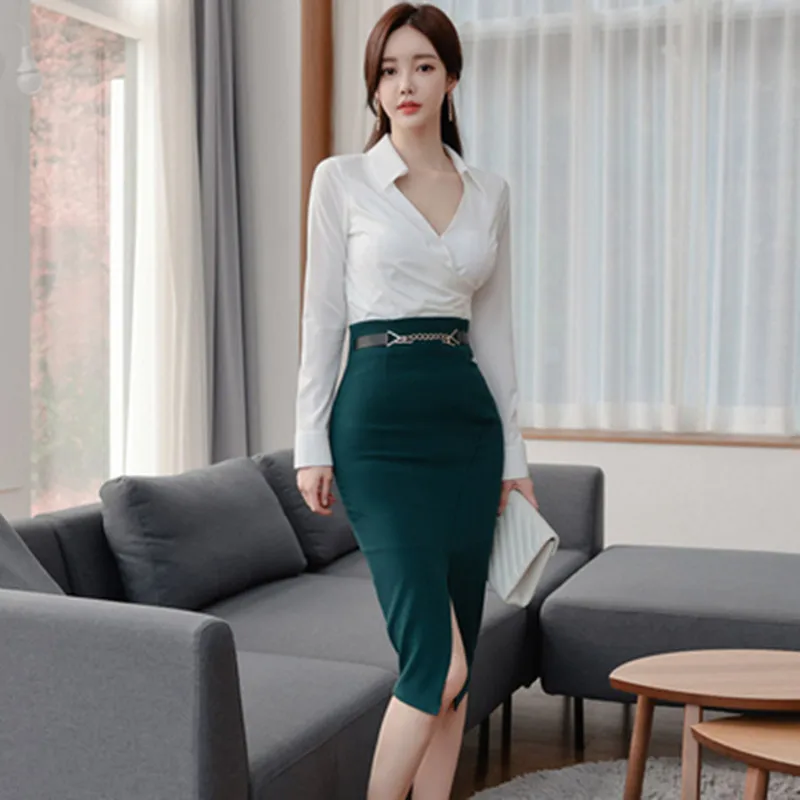 

New 2 Pieces Set Korean Women Slim Long Sleeve Shirts Top + Fashion High Waist Pencil Skirts 2021 Spring Lady Elegant Skirt Suit