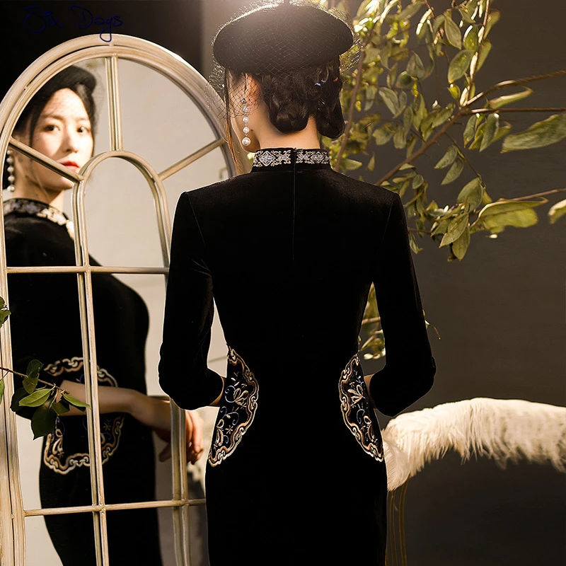 

Chinese Style Women Long Dress Elegant Velour Slim Modern Qipao Mandarin Collar Vintage Cheongsam Vestidos Sexy High Split Dress