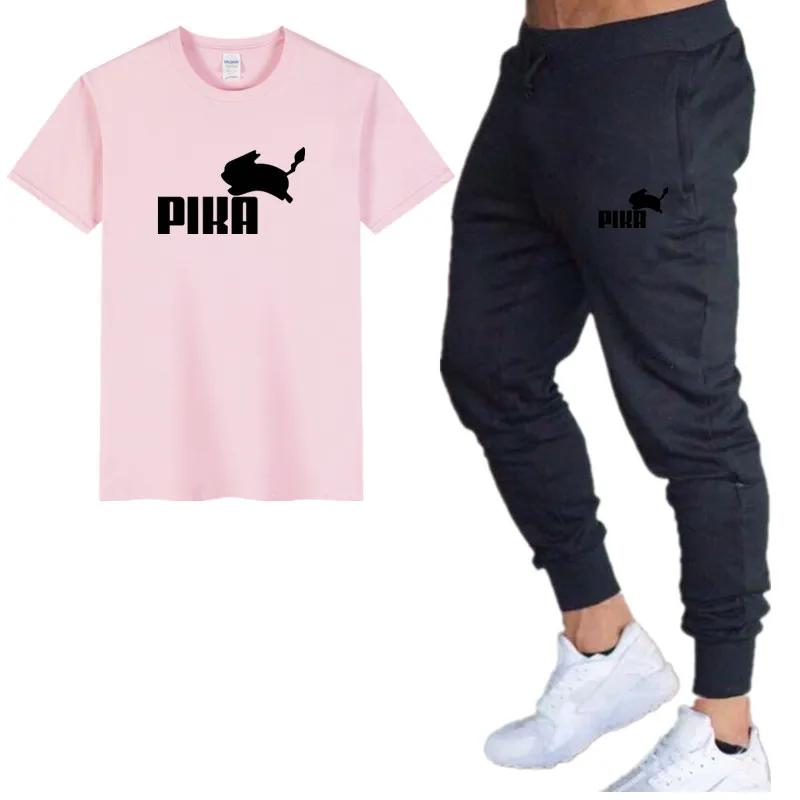 17Pink black Летние популярные мужские комплекты новые футболки с принтом пика+ штаны комплекты из двух предметов Повседневный Спортивный костюм Мужская Повседневная футболка тренажерные залы Фитнес Брюки - Цвет: 17Pink black