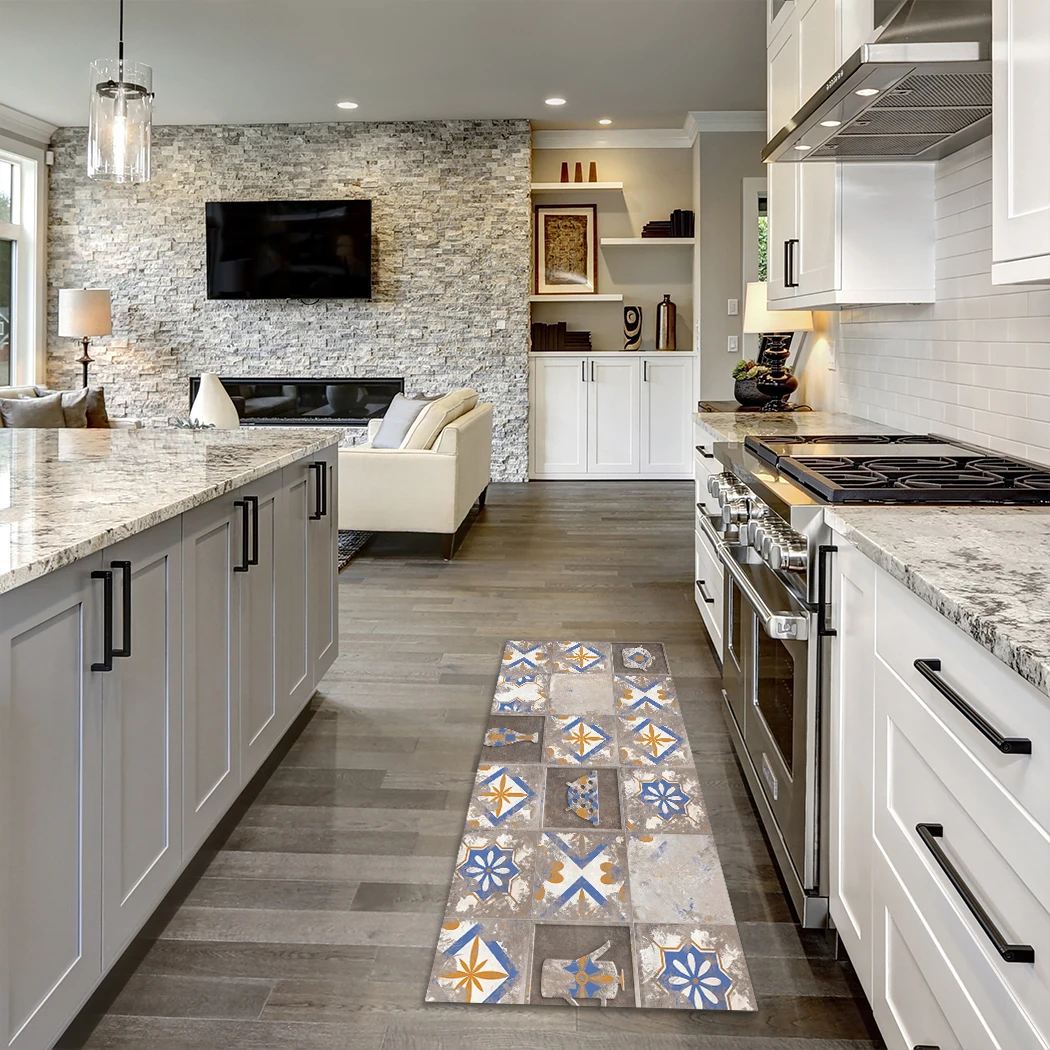 

Vintage Geometric Kitchen Mat Doormat Oriental Plaid Floor Mat Kitchen Rug Non-Slip Door Mat Kitchen Carpet for Living Room