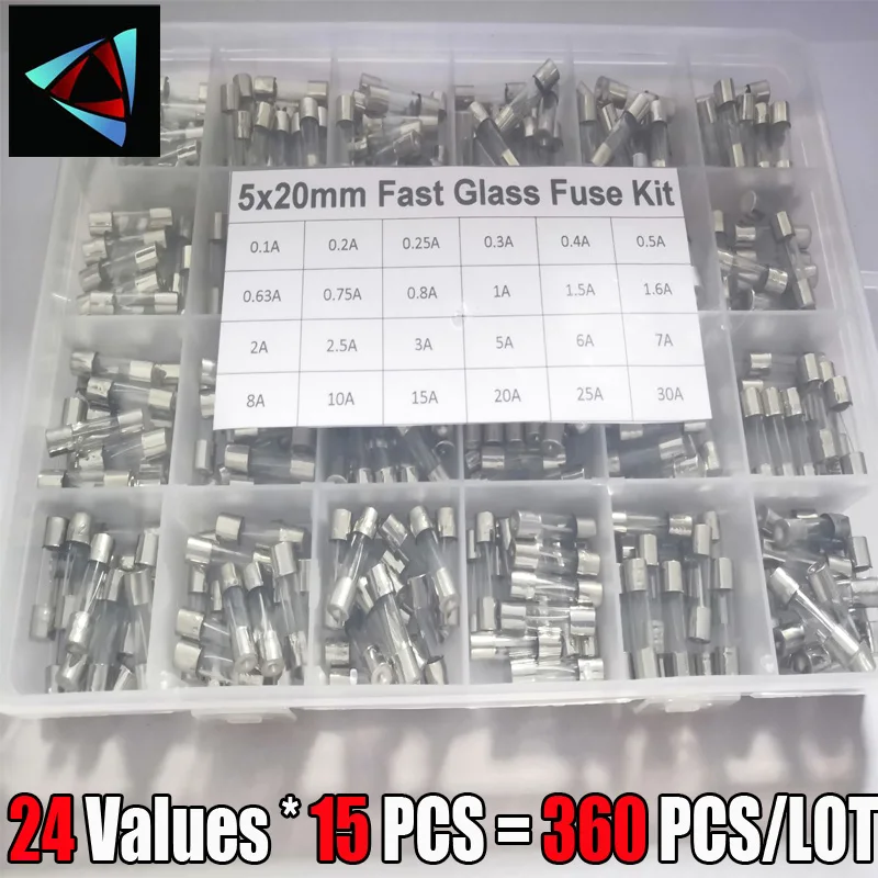 Kit de Fusível de Vidro Rápido com 360 Tamanhos 5×20 mm 250 a a 1a 2a 3a 5a 6a 8a 10a 15a v 5×20 Pacote de Tubo de Seguro Elementos e materiais de isolamento