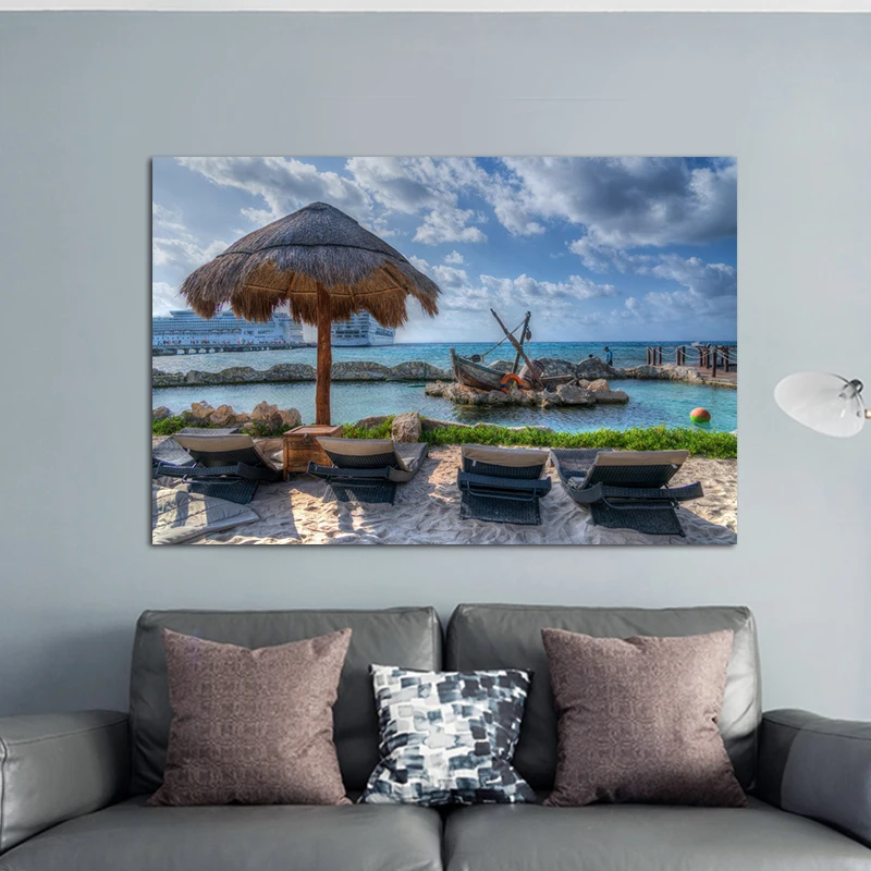 Natuurlijke Strand Landschap Stoel en Paraplu плакаты с принтами на холсте Schilderij Wall Art Foto voor