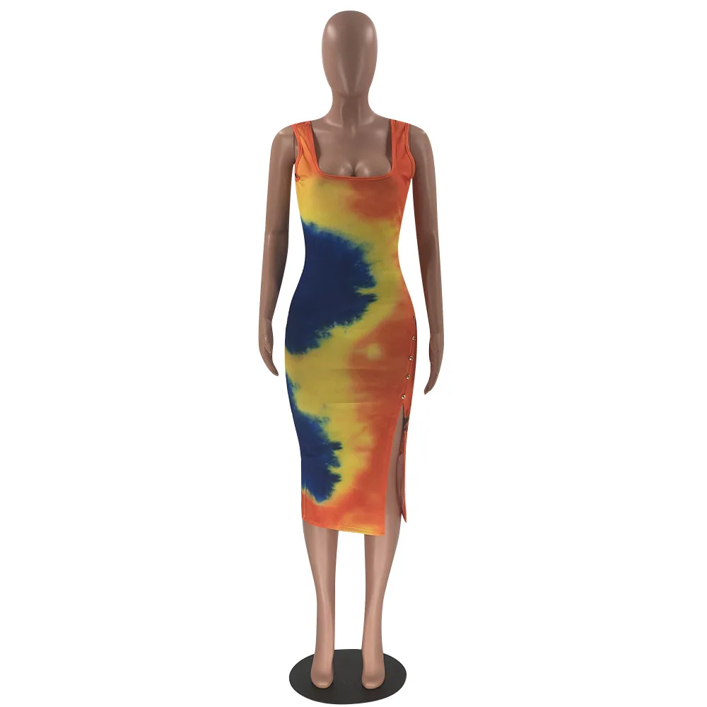 CM.YAYA Women Tie Dye Print Sleeveless O-neck Knitted Side Split Button Up Bodycon Midi Knee Length Pencil Tank Dress | Женская одежда