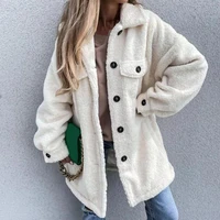 autumn winter warm soft fleece cardigan tops elegant turn down collar button women long outwear casual solid long sleeve jackets