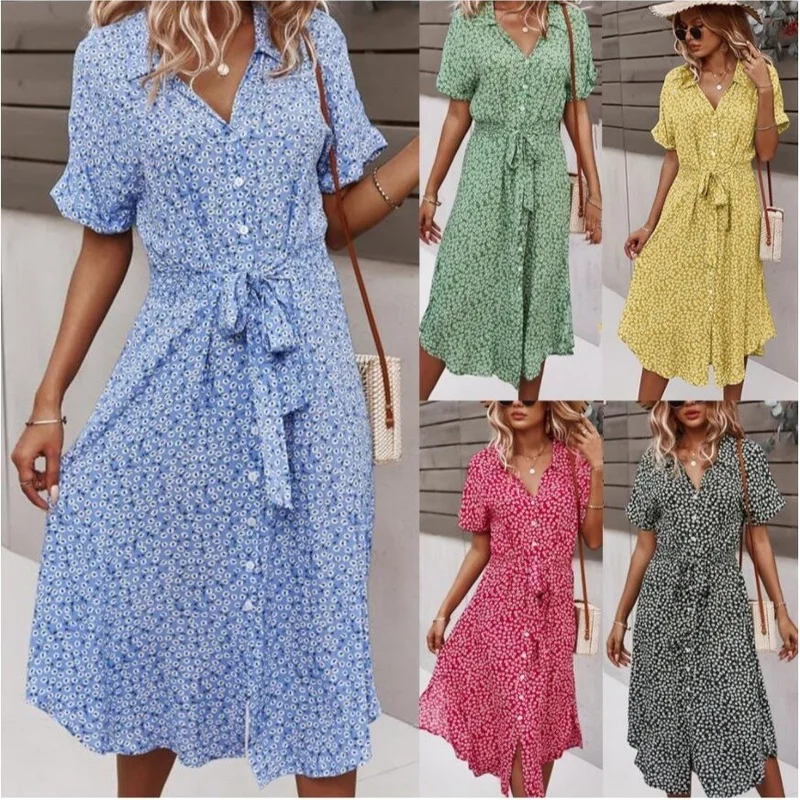 

ZITY 2021 Spring And Summer Women's Bohemian Print Tie Dress Casual Short-Sleeved Button Beach Skirt Holiday Corset Slim Robe