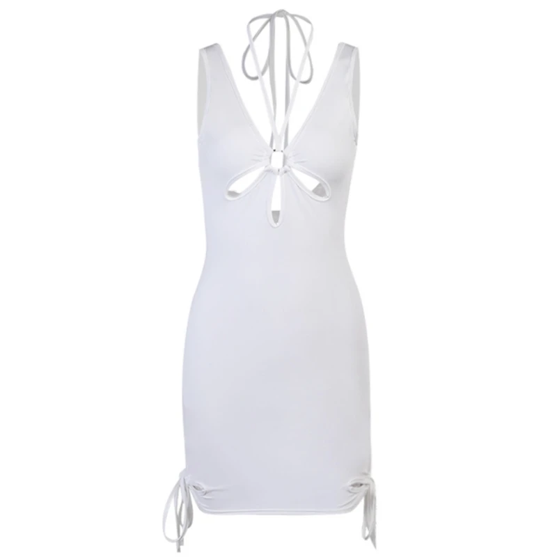 

LXAE Women Sexy Sleeveless Halter Backless Hollow Out Lace-Up Slit Bodycon Mini Dress