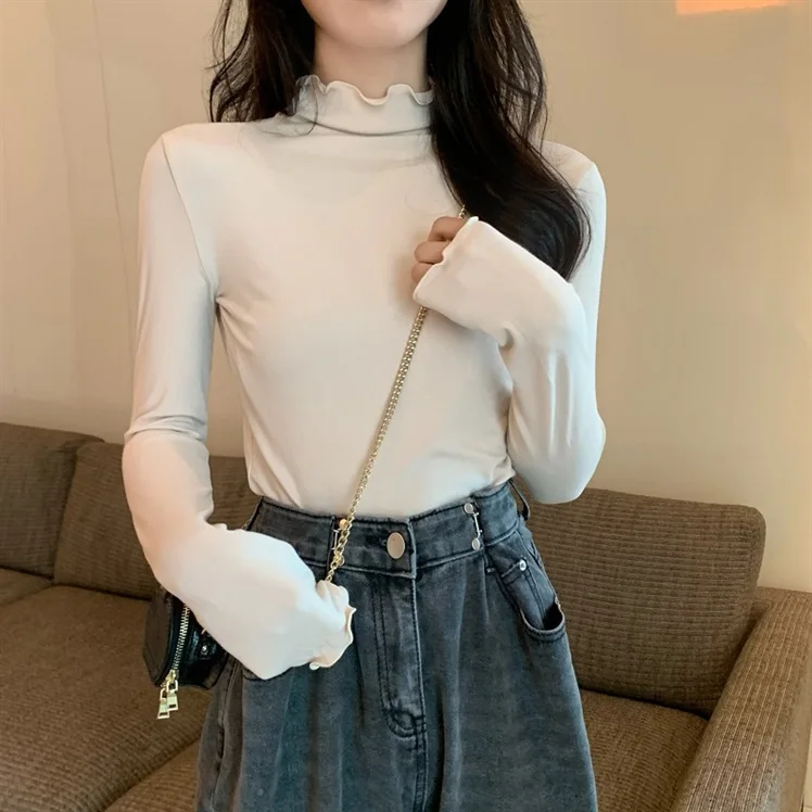 

Stringy Selvedge Undershirt 2020 nian Modal Long Sleeve T-shirt Female Autumn and Winter Trendy Semi-High Collar White Liner Top