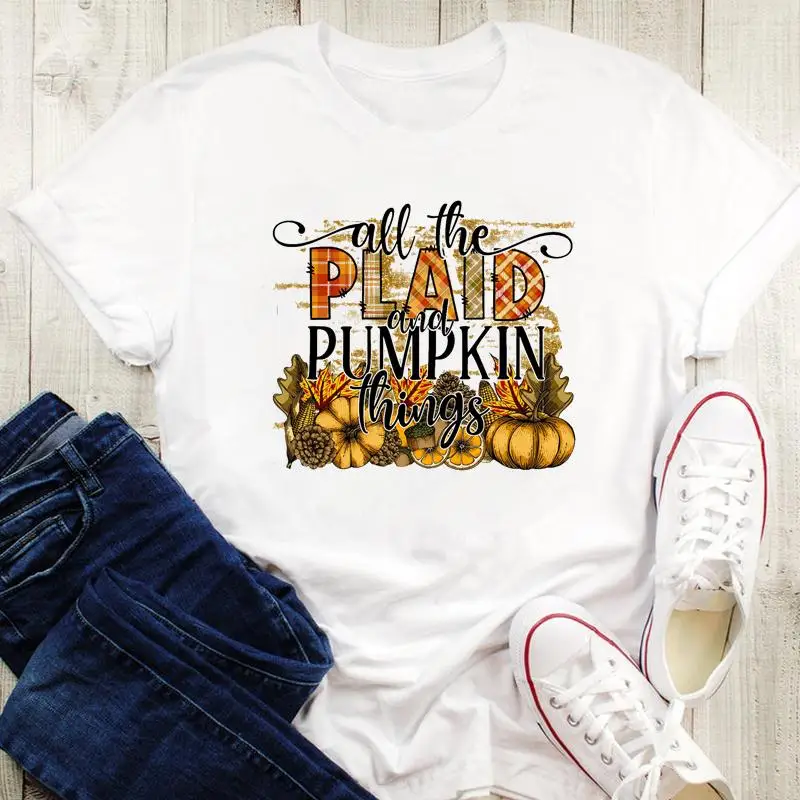 

Watercolor Pumpkin New Halloween Thanksgiving Happy Fall Autumn Graphic Print Tees Women Tops Tshirt Cartoon Female T-Shirt