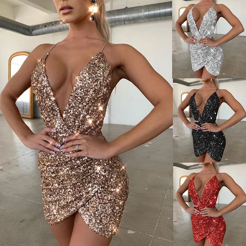 

Sexy Dress Women Sequins Deep V-neck Glitter Sparkle Bodycon Dress Halter Backless Short Mini Club Party Dress Clothing
