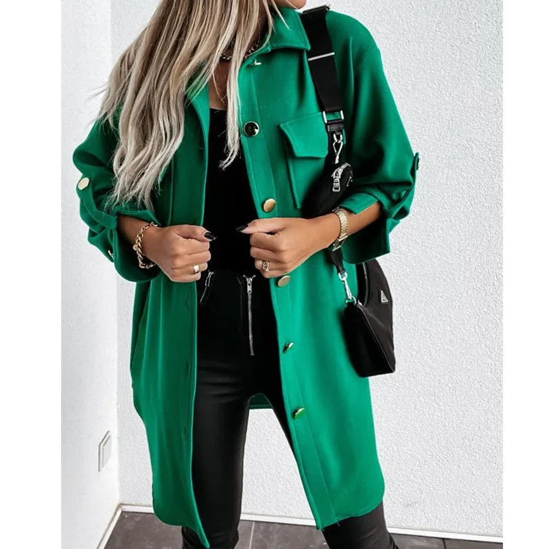 

Winter Casual Loose Woolen Coats Green 2021 Chic Women Autumn Streetwear Plus Size Turn Down Collar Wool Coats Outwear