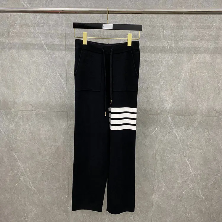 

2021 Fashion TB Thom Brand Ankle-Length Pants Women Casual Striped Wide Leg Pants Loose High Waist Autumn Winter Knitted Pants
