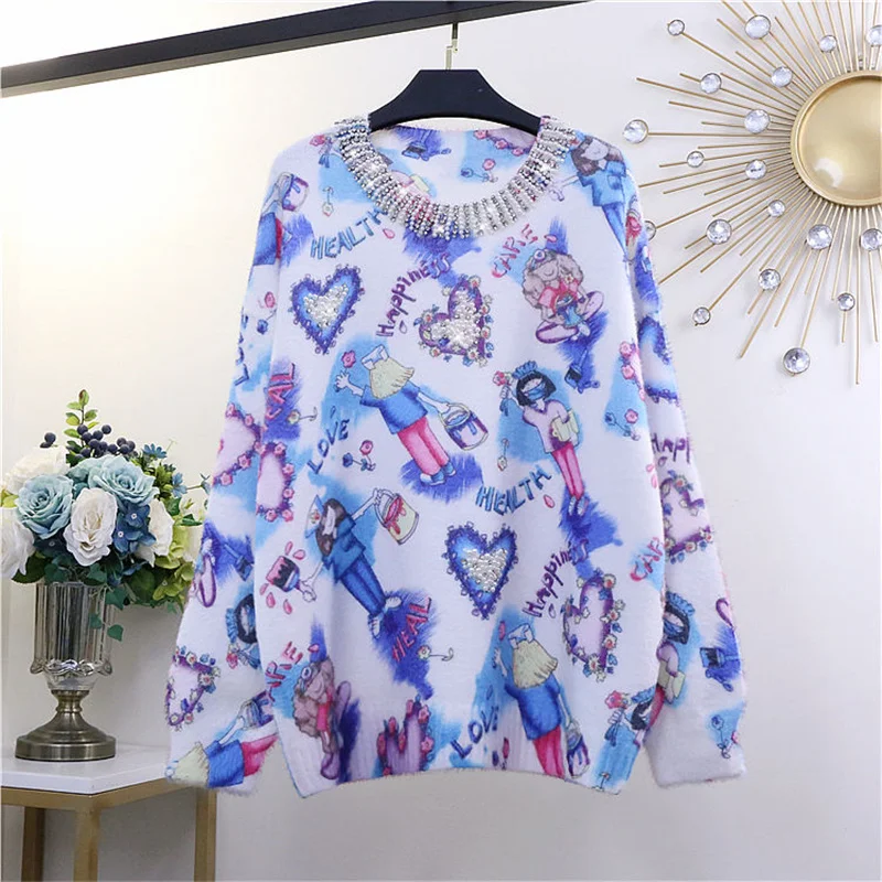 

Beading Cartoon Jacquard Women Sweater 2022 Spring Autumn Blue Pink Pullover Coat Loose Knitted Sweater Tops
