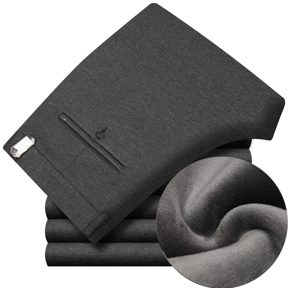 

Winter Fleece Thicken Men's Casual Pants High Elastic Knitting Fashion Suit Pants Men Wash Wear Plus Velvet Straight Trousers