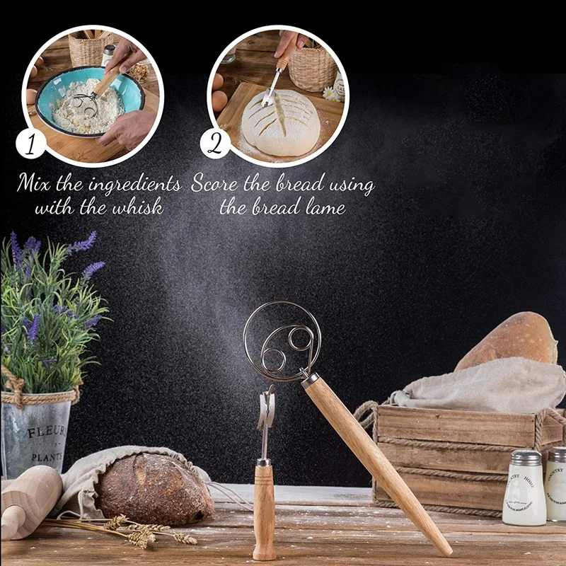 

Bread Lame and Danish Whisk Set - Premium Pack Stainless Steel Bread Scoring Tool with Leather Protective Cover 10 Replaceable R