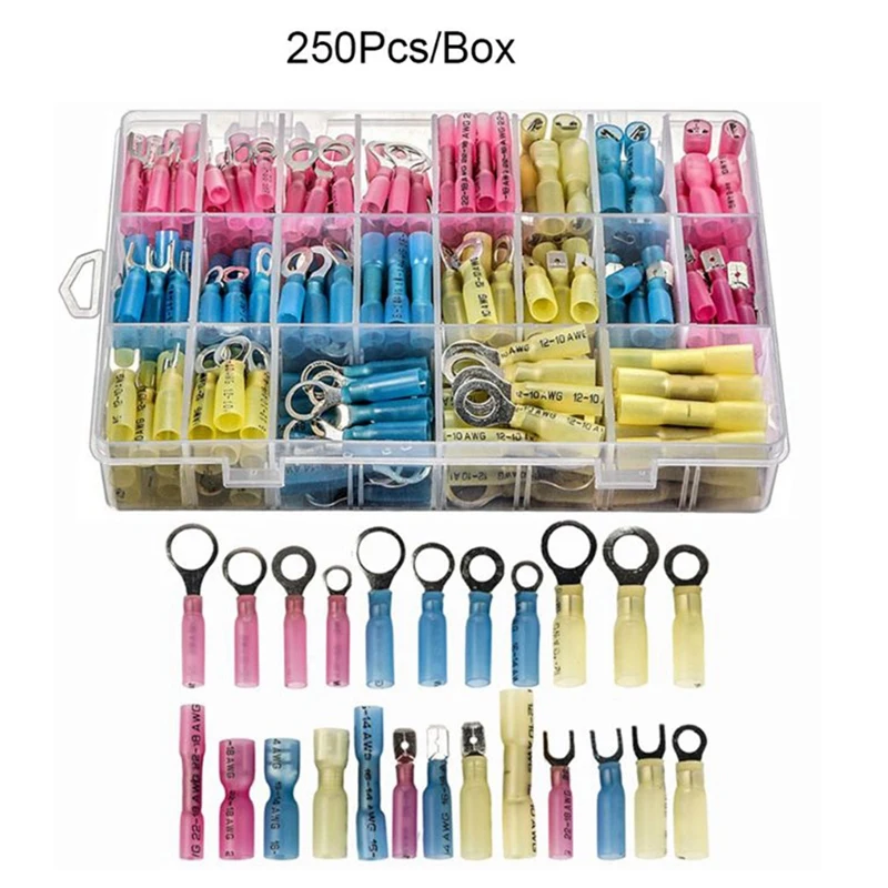 

NEW-250 PCS Automotive Heat-Shrinkable Wire Connector Kit Insulated Crimp Terminal Connector for Marine Car Motorcycle