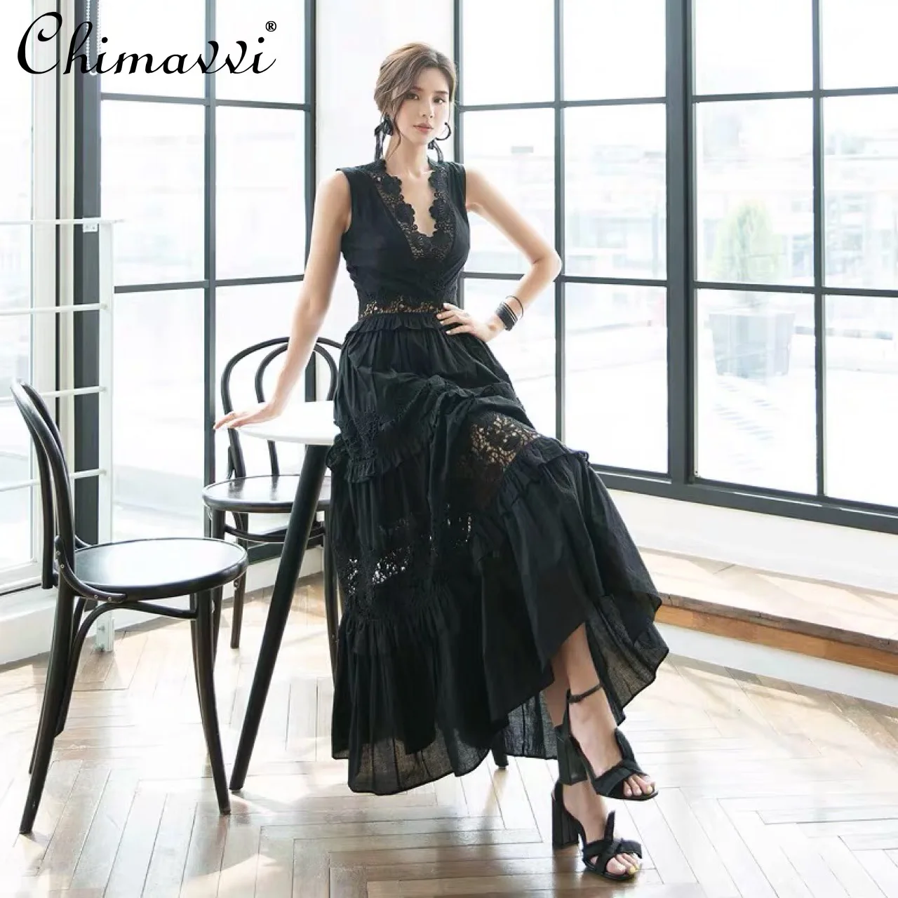 

Bohemian Maxi Dress Women 2021 Summer Sexy V-neck Sleeveless Swing Dress High-End Lace Stitching Slimming Elegant Dress Black